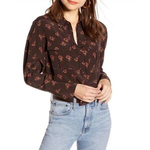 Something Navy Brown Floral Button Down Top Extra Small